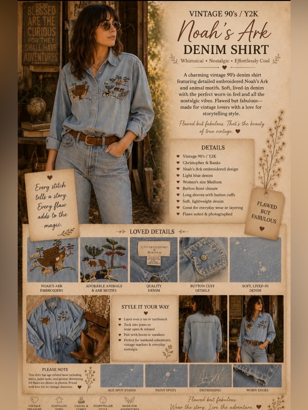 Vintage distressed 90s/Y2k Light Blue 100%Cotton Embroidered Denim Shirt -
